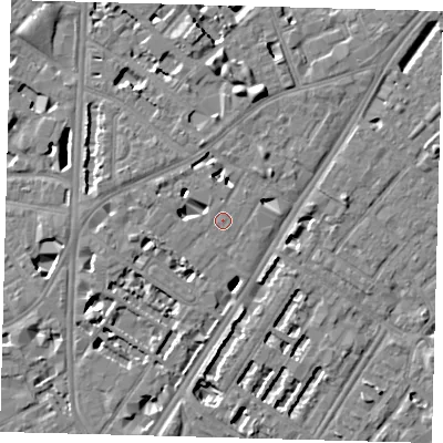 Shaded relief map of the ground around SE114JN, computed from Environment Agency LiDAR. The ground here sits at about 4 m above sea level and falls 7 m across the surrounding 800 m. The ground contributing surface water to this point lies to the north.