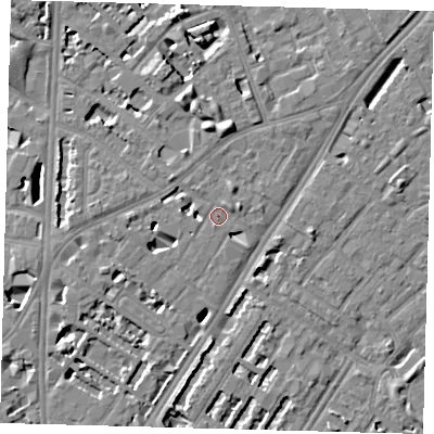 Shaded relief map of the ground around SE114JP, computed from Environment Agency LiDAR. The ground here sits at about 4 m above sea level and falls 7 m across the surrounding 800 m. Surface water reaching this point runs off ground lying to the east-north-east, 3.7 m higher.