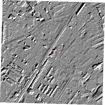 Shaded relief map of the ground around SE114JQ, computed from Environment Agency LiDAR. The ground here sits at about 3 m above sea level and falls 7 m across the surrounding 800 m. Surface water reaching this point runs off ground lying to the north-east, 3.2 m higher.