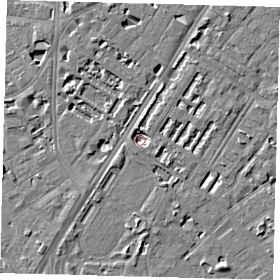 Shaded relief map of the ground around SE114JT, computed from Environment Agency LiDAR. The ground here sits at about 1 m above sea level and falls 7 m across the surrounding 800 m. Surface water reaching this point runs off ground lying to the north-east, 3.8 m higher.