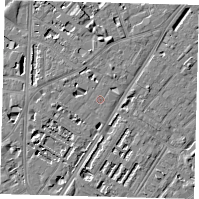 Shaded relief map of the ground around SE114JW, computed from Environment Agency LiDAR. The ground here sits at about 4 m above sea level and falls 7 m across the surrounding 800 m. Surface water reaching this point runs off ground lying to the south-south-east, 2.8 m higher.