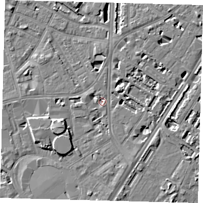 Shaded relief map of the ground around SE114LD, computed from Environment Agency LiDAR. The ground here sits at about 3 m above sea level and falls 8 m across the surrounding 800 m. Surface water reaching this point runs off ground lying to the south-west, 7.1 m higher.