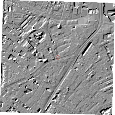 Shaded relief map of the ground around SE114LS, computed from Environment Agency LiDAR. The ground here sits at about 4 m above sea level and falls 10 m across the surrounding 800 m. Surface water reaching this point runs off ground lying to the west-north-west, 1.2 m higher.