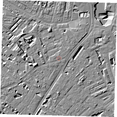 Shaded relief map of the ground around SE114LT, computed from Environment Agency LiDAR. The ground here sits at about 4 m above sea level and falls 11 m across the surrounding 800 m. Surface water reaching this point runs off ground lying to the west-north-west, 0.7 m higher.