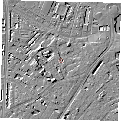 Shaded relief map of the ground around SE114NA, computed from Environment Agency LiDAR. The ground here sits at about 4 m above sea level and falls 7 m across the surrounding 800 m. Surface water reaching this point runs off ground lying to the south-west, 3.8 m higher.