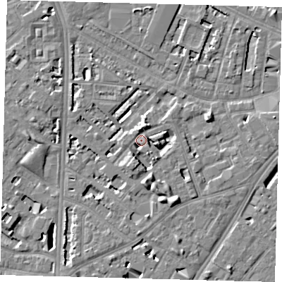 Shaded relief map of the ground around SE114ND, computed from Environment Agency LiDAR. The ground here sits at about 4 m above sea level and falls 7 m across the surrounding 800 m. Surface water reaching this point runs off ground lying to the north-north-east, 4.1 m higher.