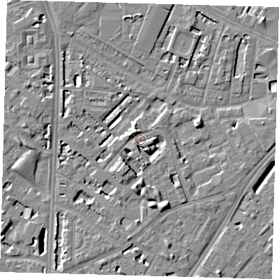 Shaded relief map of the ground around SE114NL, computed from Environment Agency LiDAR. The ground here sits at about 4 m above sea level and falls 7 m across the surrounding 800 m. Surface water reaching this point runs off ground lying to the north-north-west, 4.1 m higher.