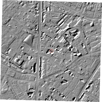 Shaded relief map of the ground around SE114NN, computed from Environment Agency LiDAR. The ground here sits at about 2 m above sea level and falls 7 m across the surrounding 800 m. Surface water reaching this point runs off ground lying to the east, 5.9 m higher.