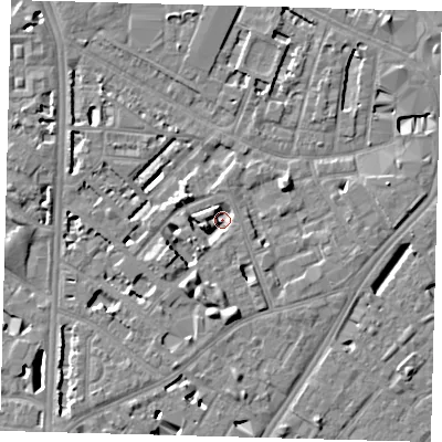Shaded relief map of the ground around SE114NP, computed from Environment Agency LiDAR. The ground here sits at about 3 m above sea level and falls 7 m across the surrounding 800 m. Surface water reaching this point runs off ground lying to the west-south-west, 3.8 m higher.