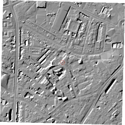 Shaded relief map of the ground around SE114NQ, computed from Environment Agency LiDAR. The ground here sits at about 4 m above sea level and falls 7 m across the surrounding 800 m. Surface water reaching this point runs off ground lying to the south-west, 2.0 m higher.