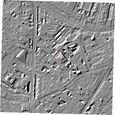 Shaded relief map of the ground around SE114NR, computed from Environment Agency LiDAR. The ground here sits at about 4 m above sea level and falls 7 m across the surrounding 800 m. Surface water reaching this point runs off ground lying to the east, 4.2 m higher.