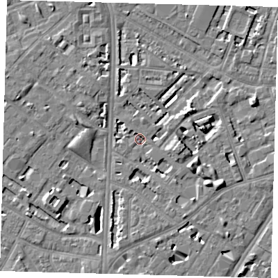 Shaded relief map of the ground around SE114NT, computed from Environment Agency LiDAR. The ground here sits at about 2 m above sea level and falls 7 m across the surrounding 800 m. Surface water reaching this point runs off ground lying to the east-south-east, 6.8 m higher.