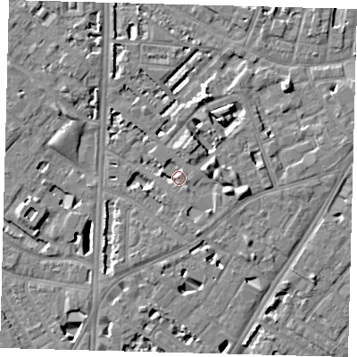 Shaded relief map of the ground around SE114NU, computed from Environment Agency LiDAR. The ground here sits at about 4 m above sea level and falls 7 m across the surrounding 800 m. Surface water reaching this point runs off ground lying to the east-south-east, 5.4 m higher.