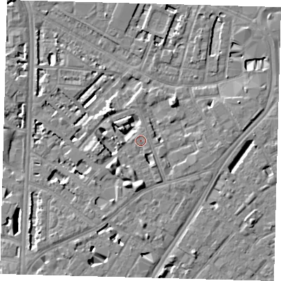 Shaded relief map of the ground around SE114NW, computed from Environment Agency LiDAR. The ground here sits at about 4 m above sea level and falls 7 m across the surrounding 800 m. Surface water reaching this point runs off ground lying to the south-south-west, 1.7 m higher.