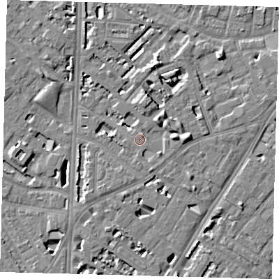 Shaded relief map of the ground around SE114NX, computed from Environment Agency LiDAR. The ground here sits at about 4 m above sea level and falls 7 m across the surrounding 800 m. Surface water reaching this point runs off ground lying to the east, 3.4 m higher.