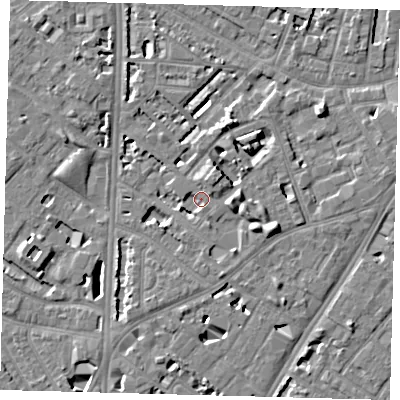 Shaded relief map of the ground around SE114NY, computed from Environment Agency LiDAR. The ground here sits at about 4 m above sea level and falls 7 m across the surrounding 800 m. Surface water reaching this point runs off ground lying to the east-south-east, 4.5 m higher.