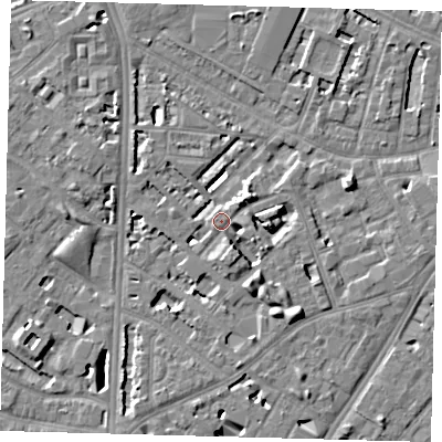 Shaded relief map of the ground around SE114NZ, computed from Environment Agency LiDAR. The ground here sits at about 4 m above sea level and falls 7 m across the surrounding 800 m. Surface water reaching this point runs off ground lying to the south-south-east, 4.2 m higher.