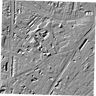 Shaded relief map of the ground around SE114PA, computed from Environment Agency LiDAR. The ground here sits at about 4 m above sea level and falls 7 m across the surrounding 800 m. Surface water reaching this point runs off ground lying to the south-west, 1.5 m higher.