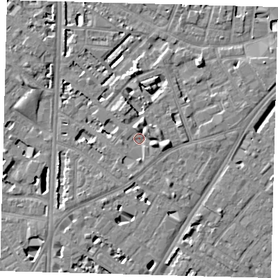 Shaded relief map of the ground around SE114PB, computed from Environment Agency LiDAR. The ground here sits at about 4 m above sea level and falls 7 m across the surrounding 800 m. Surface water reaching this point runs off ground lying to the east-south-east, 3.4 m higher.