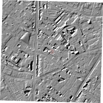 Shaded relief map of the ground around SE114PF, computed from Environment Agency LiDAR. The ground here sits at about 4 m above sea level and falls 7 m across the surrounding 800 m. Surface water reaching this point runs off ground lying to the east, 5.4 m higher.