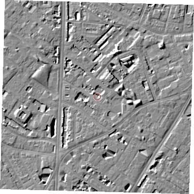Shaded relief map of the ground around SE114PG, computed from Environment Agency LiDAR. The ground here sits at about 3 m above sea level and falls 7 m across the surrounding 800 m. Surface water reaching this point runs off ground lying to the east, 5.4 m higher.