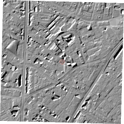 Shaded relief map of the ground around SE114PJ, computed from Environment Agency LiDAR. The ground here sits at about 4 m above sea level and falls 7 m across the surrounding 800 m. Surface water reaching this point runs off ground lying to the east-south-east, 3.4 m higher.