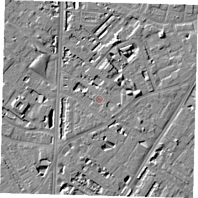 Shaded relief map of the ground around SE114PQ, computed from Environment Agency LiDAR. The ground here sits at about 4 m above sea level and falls 7 m across the surrounding 800 m. Surface water reaching this point runs off ground lying to the east-south-east, 1.6 m higher.