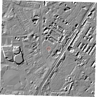 Shaded relief map of the ground around SE114PT, computed from Environment Agency LiDAR. The ground here sits at about 4 m above sea level and falls 9 m across the surrounding 800 m. Surface water reaching this point runs off ground lying to the south-south-west, 4.6 m higher.