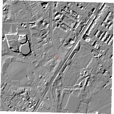 Shaded relief map of the ground around SE114QA, computed from Environment Agency LiDAR. The ground here sits at about 4 m above sea level and falls 9 m across the surrounding 800 m. Surface water reaching this point runs off ground lying to the south-south-east, 1.1 m higher.