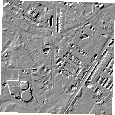 Shaded relief map of the ground around SE114QE, computed from Environment Agency LiDAR. The ground here sits at about 3 m above sea level and falls 8 m across the surrounding 800 m. Surface water reaching this point runs off ground lying to the south, 1.5 m higher.