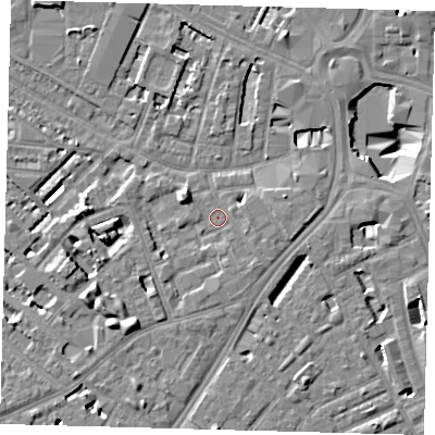 Shaded relief map of the ground around SE114RB, computed from Environment Agency LiDAR. The ground here sits at about 3 m above sea level and falls 11 m across the surrounding 800 m. Surface water reaching this point runs off ground lying to the west-north-west, 2.4 m higher.