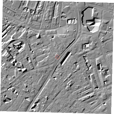 Shaded relief map of the ground around SE114RD, computed from Environment Agency LiDAR. The ground here sits at about 4 m above sea level and falls 11 m across the surrounding 800 m. Surface water reaching this point runs off ground lying to the south-west, 0.9 m higher.
