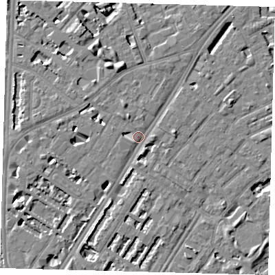 Shaded relief map of the ground around SE114RE, computed from Environment Agency LiDAR. The ground here sits at about 4 m above sea level and falls 7 m across the surrounding 800 m. Surface water reaching this point runs off ground lying to the west-south-west, 4.6 m higher.