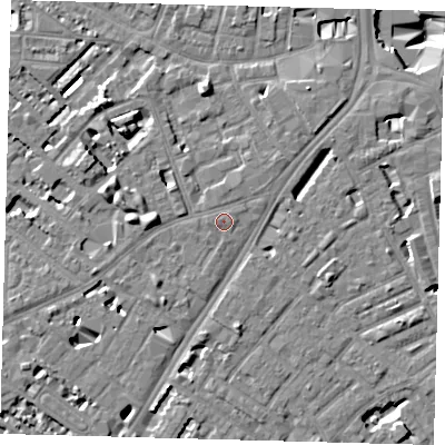 Shaded relief map of the ground around SE114RL, computed from Environment Agency LiDAR. The ground here sits at about 4 m above sea level and falls 11 m across the surrounding 800 m. Surface water reaching this point runs off ground lying to the west, 3.3 m higher.
