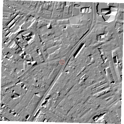 Shaded relief map of the ground around SE114RN, computed from Environment Agency LiDAR. The ground here sits at about 4 m above sea level and falls 11 m across the surrounding 800 m. Surface water reaching this point runs off ground lying to the west, 3.9 m higher.