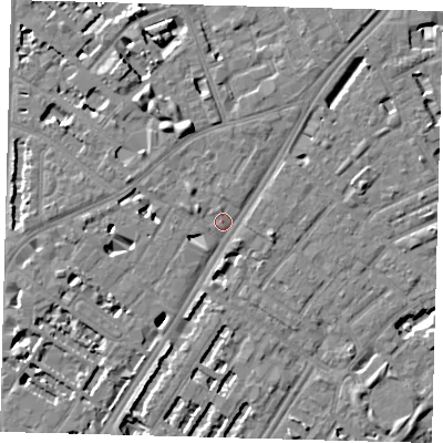 Shaded relief map of the ground around SE114RS, computed from Environment Agency LiDAR. The ground here sits at about 4 m above sea level and falls 7 m across the surrounding 800 m. Surface water reaching this point runs off ground lying to the west-north-west, 4.7 m higher.