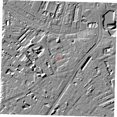 Shaded relief map of the ground around SE114RU, computed from Environment Agency LiDAR. The ground here sits at about 3 m above sea level and falls 11 m across the surrounding 800 m. Surface water reaching this point runs off ground lying to the south-west, 1.2 m higher.