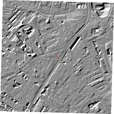Shaded relief map of the ground around SE114RW, computed from Environment Agency LiDAR. The ground here sits at about 4 m above sea level and falls 11 m across the surrounding 800 m. Surface water reaching this point runs off ground lying to the west, 3.9 m higher.