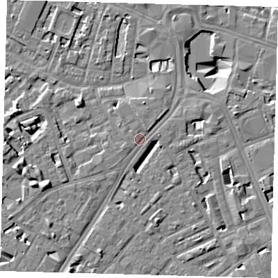 Shaded relief map of the ground around SE114RX, computed from Environment Agency LiDAR. The ground here sits at about 4 m above sea level and falls 11 m across the surrounding 800 m. Surface water reaching this point runs off ground lying to the north-east, 1.3 m higher.