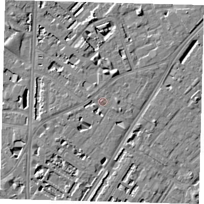 Shaded relief map of the ground around SE114RZ, computed from Environment Agency LiDAR. The ground here sits at about 4 m above sea level and falls 7 m across the surrounding 800 m. Surface water reaching this point runs off ground lying to the east-south-east, 3.7 m higher.