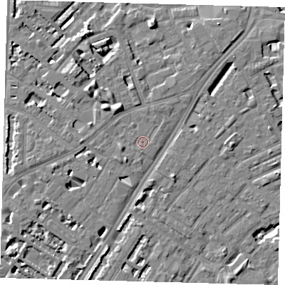 Shaded relief map of the ground around SE114SA, computed from Environment Agency LiDAR. The ground here sits at about 4 m above sea level and falls 7 m across the surrounding 800 m. Surface water reaching this point runs off ground lying to the west-south-west, 1.5 m higher.
