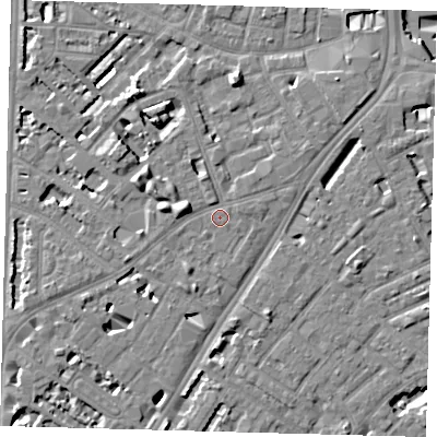 Shaded relief map of the ground around SE114SD, computed from Environment Agency LiDAR. The ground here sits at about 4 m above sea level and falls 8 m across the surrounding 800 m. Surface water reaching this point runs off ground lying to the west-north-west, 3.2 m higher.