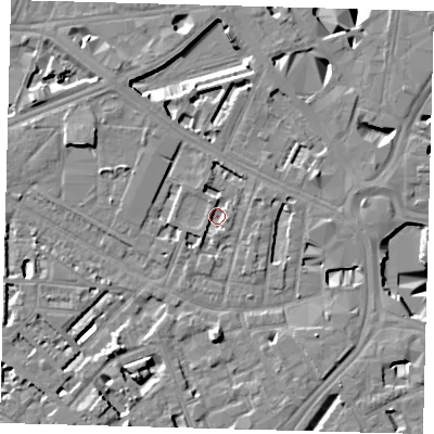 Shaded relief map of the ground around SE114SP, computed from Environment Agency LiDAR. The ground here sits at about 2 m above sea level and falls 10 m across the surrounding 800 m. Surface water reaching this point runs off ground lying to the north-north-west, 2.2 m higher.