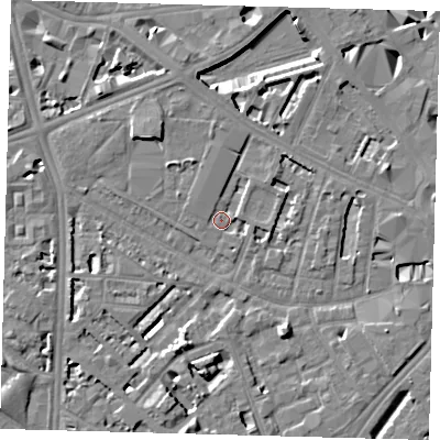 Shaded relief map of the ground around SE114SQ, computed from Environment Agency LiDAR. The ground here sits at about 3 m above sea level and falls 7 m across the surrounding 800 m. Surface water reaching this point runs off ground lying to the north, 2.2 m higher.