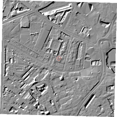 Shaded relief map of the ground around SE114SR, computed from Environment Agency LiDAR. The ground here sits at about 3 m above sea level and falls 8 m across the surrounding 800 m. Surface water reaching this point runs off ground lying to the south-west, 6.4 m higher.