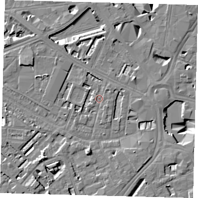 Shaded relief map of the ground around SE114SS, computed from Environment Agency LiDAR. The ground here sits at about 3 m above sea level and falls 10 m across the surrounding 800 m. Surface water reaching this point runs off ground lying to the north-north-west, 2.4 m higher.