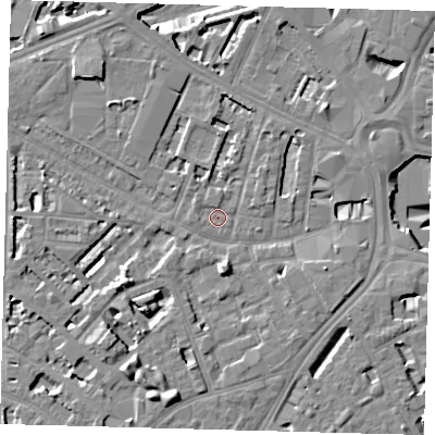 Shaded relief map of the ground around SE114ST, computed from Environment Agency LiDAR. The ground here sits at about 3 m above sea level and falls 9 m across the surrounding 800 m. Surface water reaching this point runs off ground lying to the south-west, 6.4 m higher.
