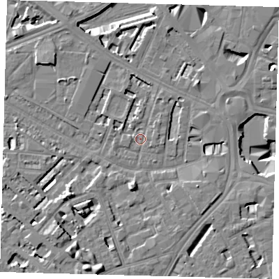 Shaded relief map of the ground around SE114SX, computed from Environment Agency LiDAR. The ground here sits at about 3 m above sea level and falls 11 m across the surrounding 800 m. Surface water reaching this point runs off ground lying to the north, 2.6 m higher.