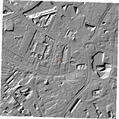 Shaded relief map of the ground around SE114SZ, computed from Environment Agency LiDAR. The ground here sits at about 3 m above sea level and falls 10 m across the surrounding 800 m. Surface water reaching this point runs off ground lying to the east-south-east, 1.5 m higher.