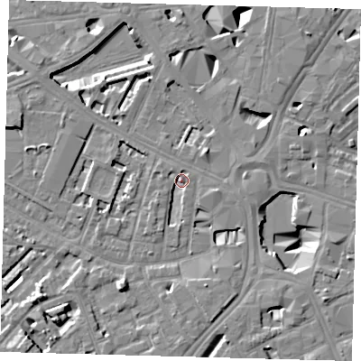 Shaded relief map of the ground around SE114TA, computed from Environment Agency LiDAR. The ground here sits at about 3 m above sea level and falls 10 m across the surrounding 800 m. Surface water reaching this point runs off ground lying to the north-west, 2.2 m higher.